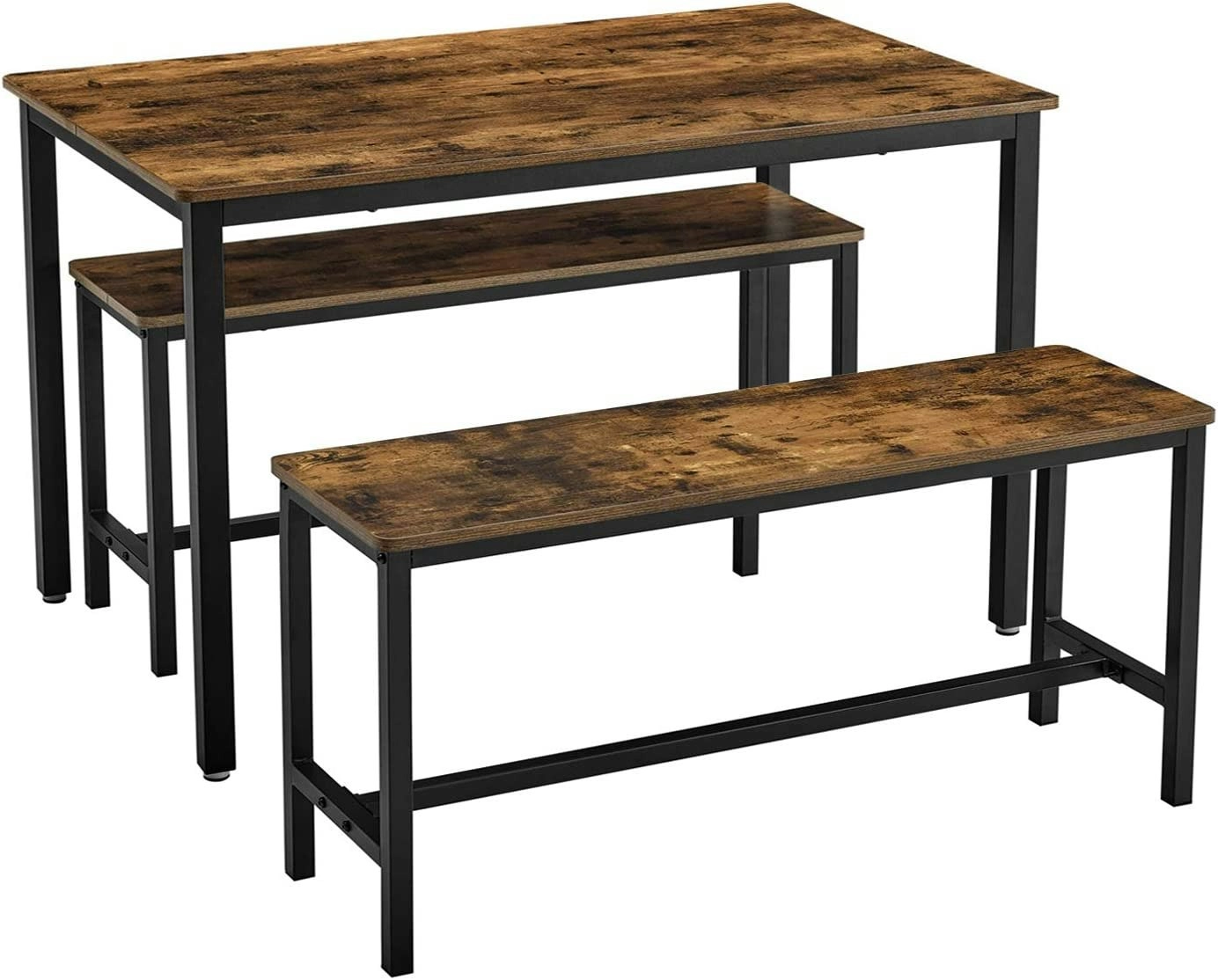 Rustic Brown and Black Industrial Style 3-Piece Dining Table Set with 2 Benches - 110 x 70 x 75 cm Table, 2 x 97 x 30 x 50 cm Benches