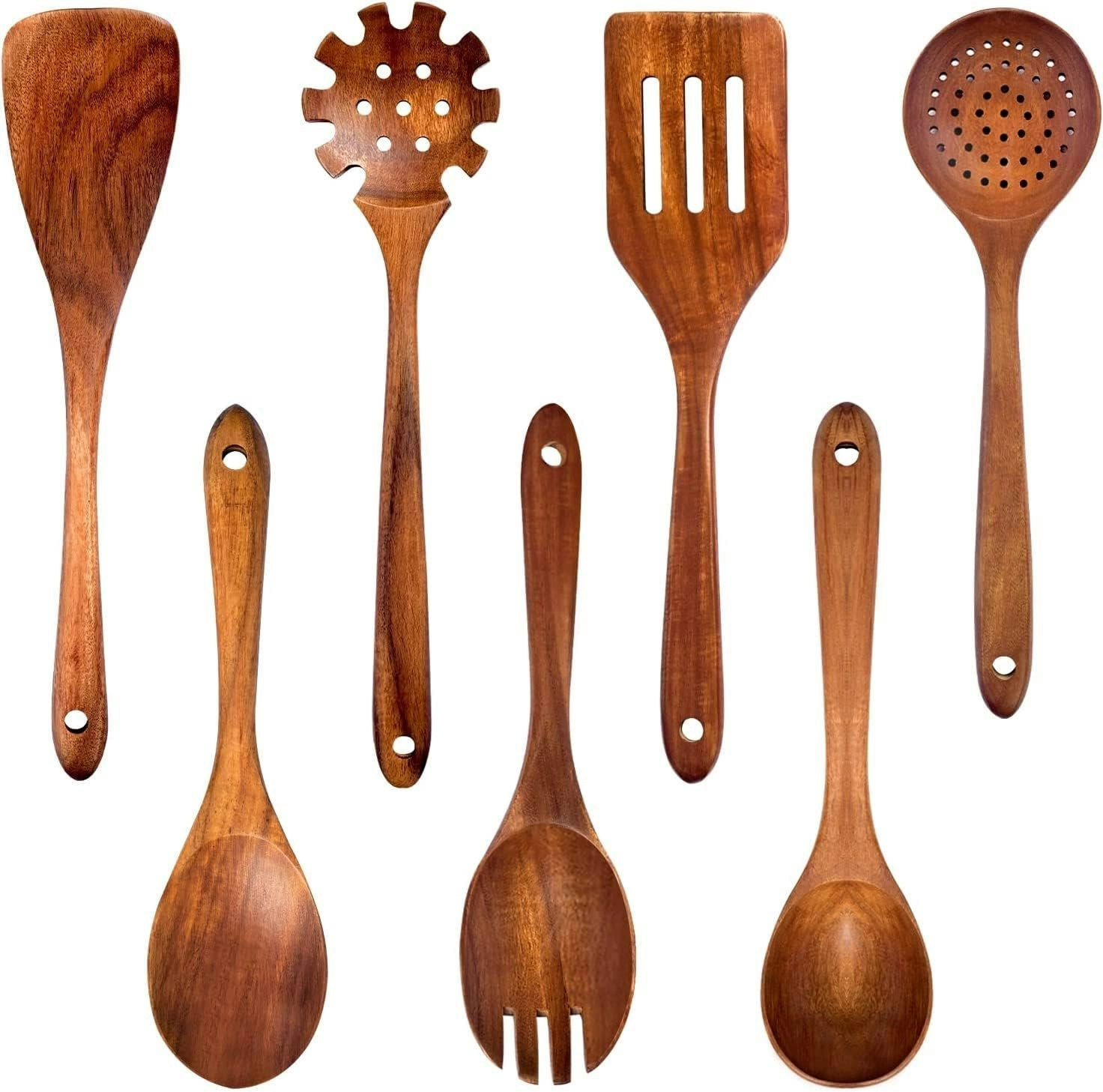 7Pcs Teak Wooden Utensils Cooking Non-Stick Spatula Set Comfortable Grip