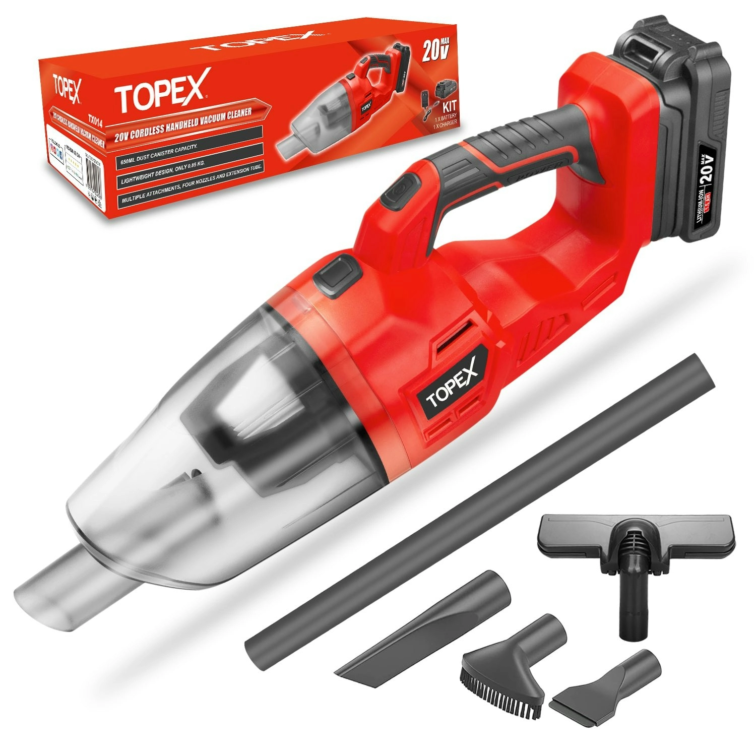 Topex 20V Cordless Handheld Vacuum Cleaner for Home & Car w/ Battery & Charger