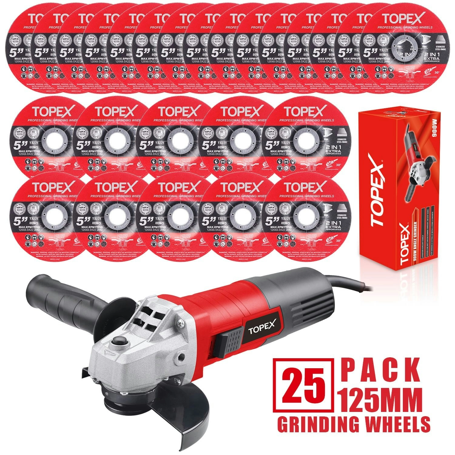 Topex Heavy Duty 900W 125mm 5'' Angle Grinder w/ 25PCs 5" Grinding Wheels