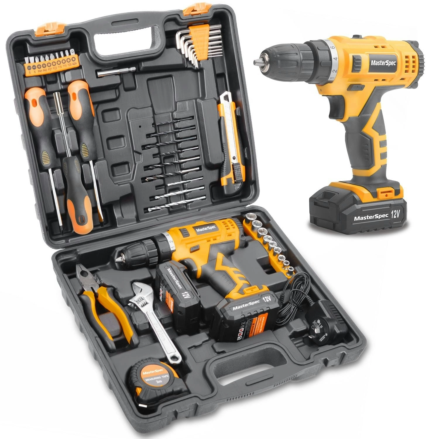 MasterSpec  47PCs 12V Lithium Cordless Drill with 2 Batteries