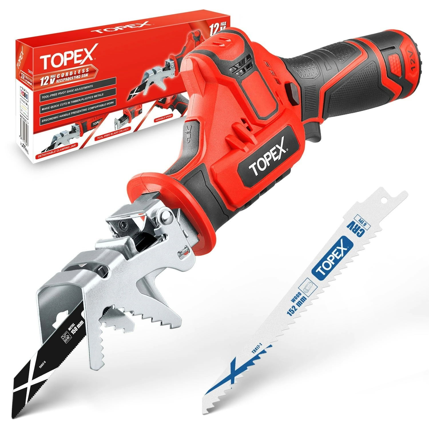 Topex 12V Cordless Reciprocating Saw w/  2 Saw Blades & Clamping Claw  Cutting Depth 65 mm