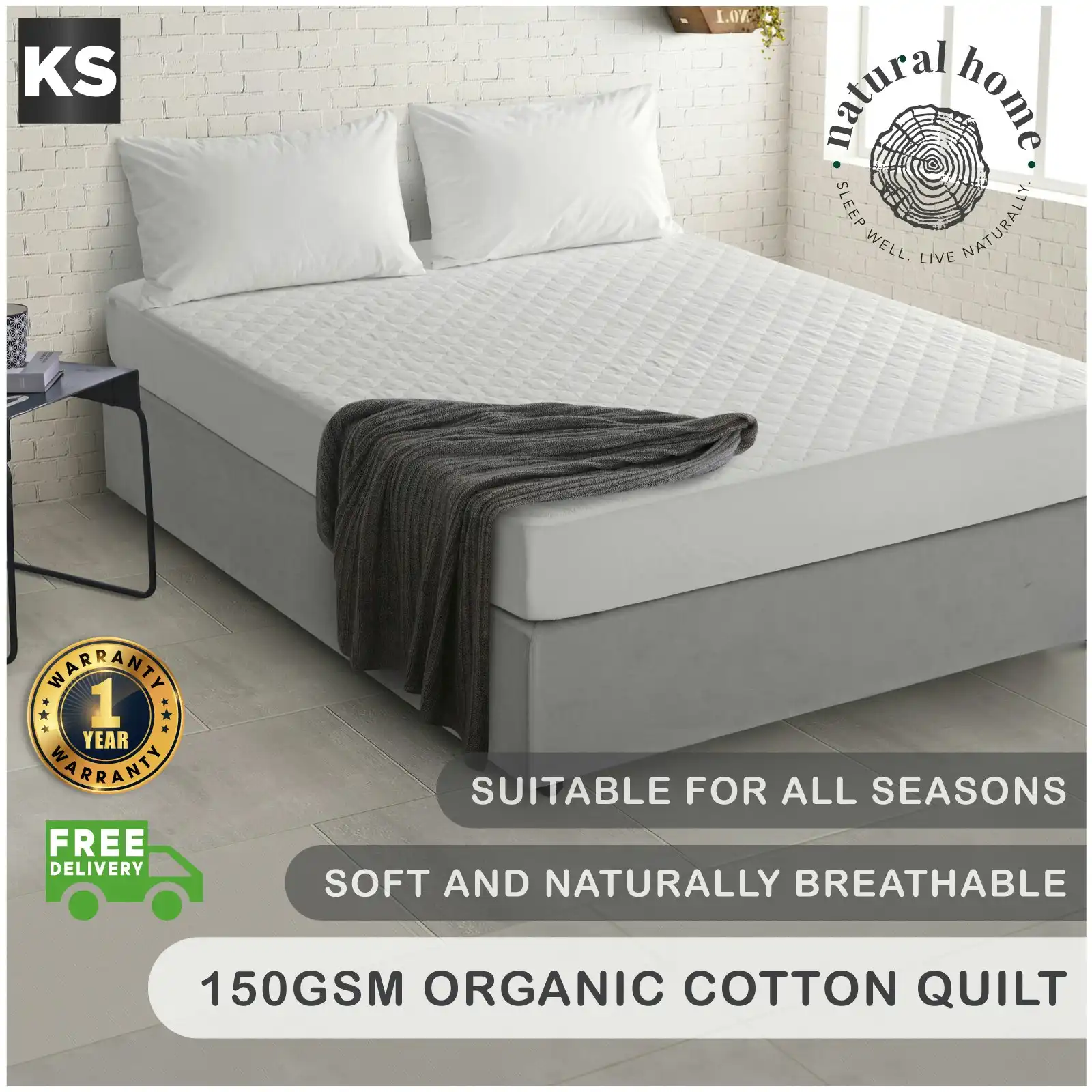 Natural Home Organic Cotton Quilted Mattress Protector White King Single Bed