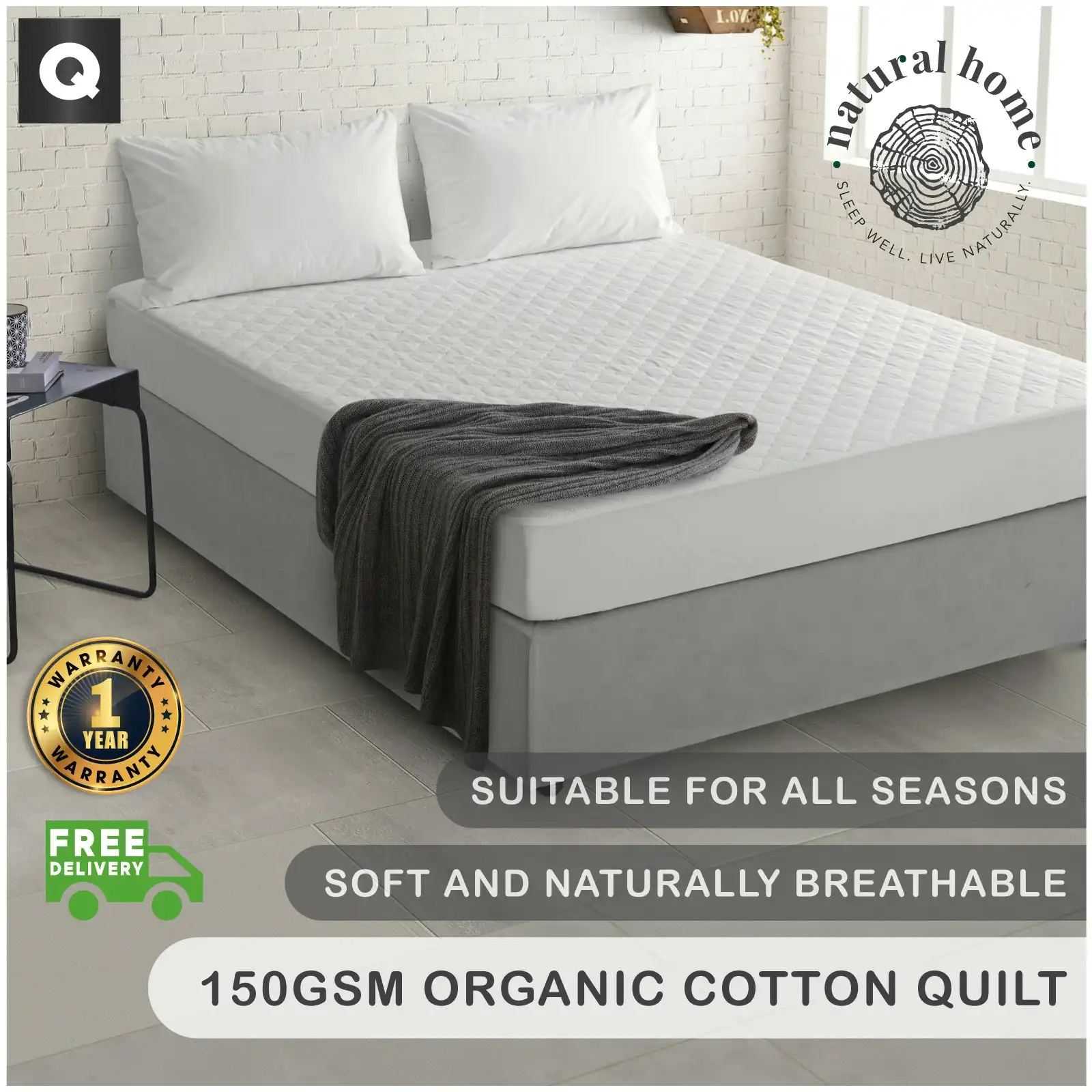 Natural Home Organic Cotton Quilted Mattress Protector White Queen Bed