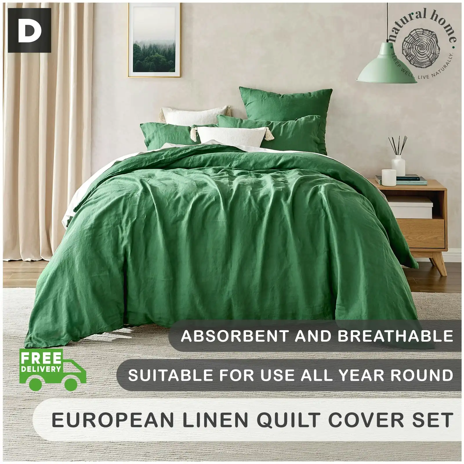 Natural Home Linen 100% European Flax Linen Quilt Cover Set Olive Double Bed