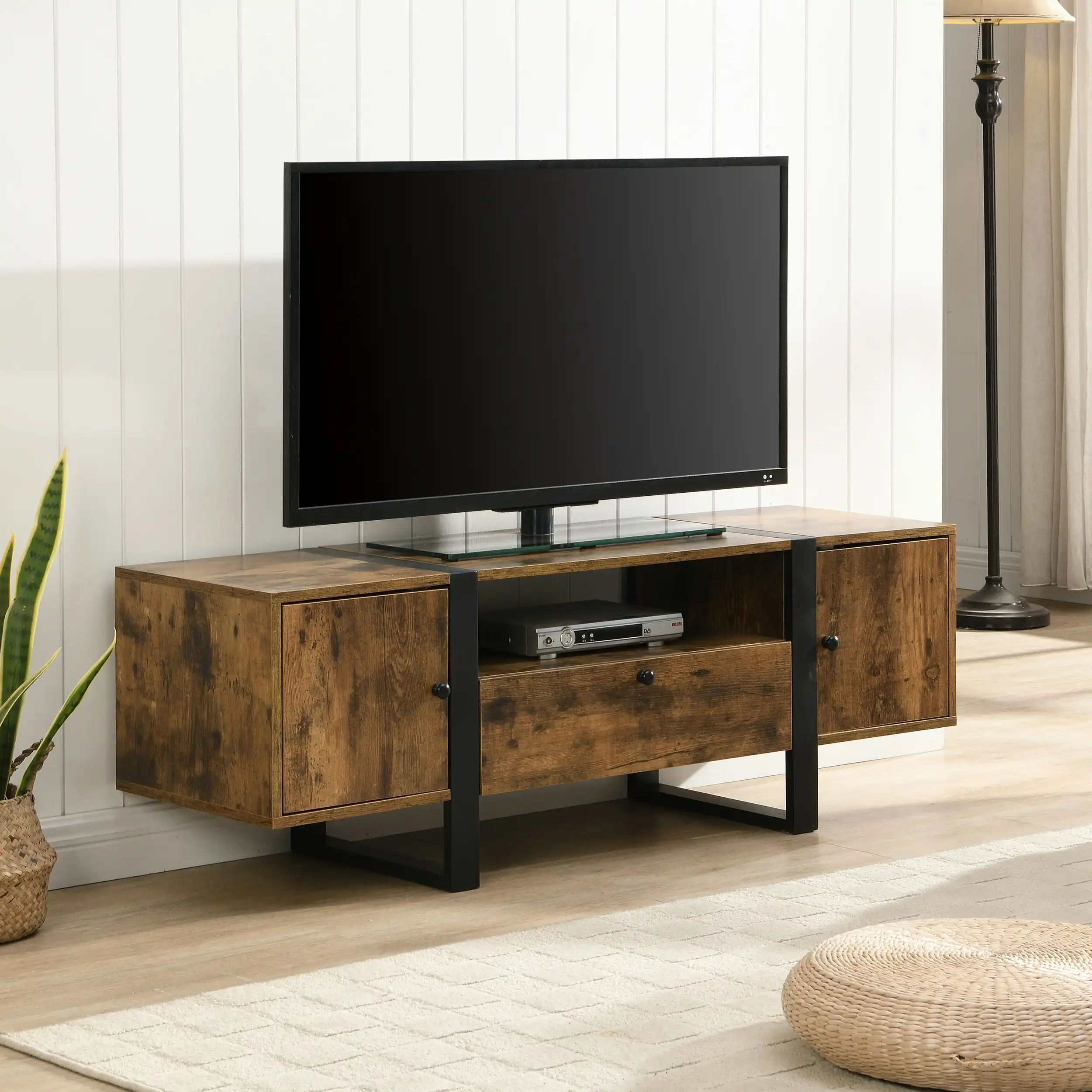 IHOMDEC Industrial Metal & Wood TV Cabinet TV Stand with Cabinets and Open Shelf Rustic Dark Brown