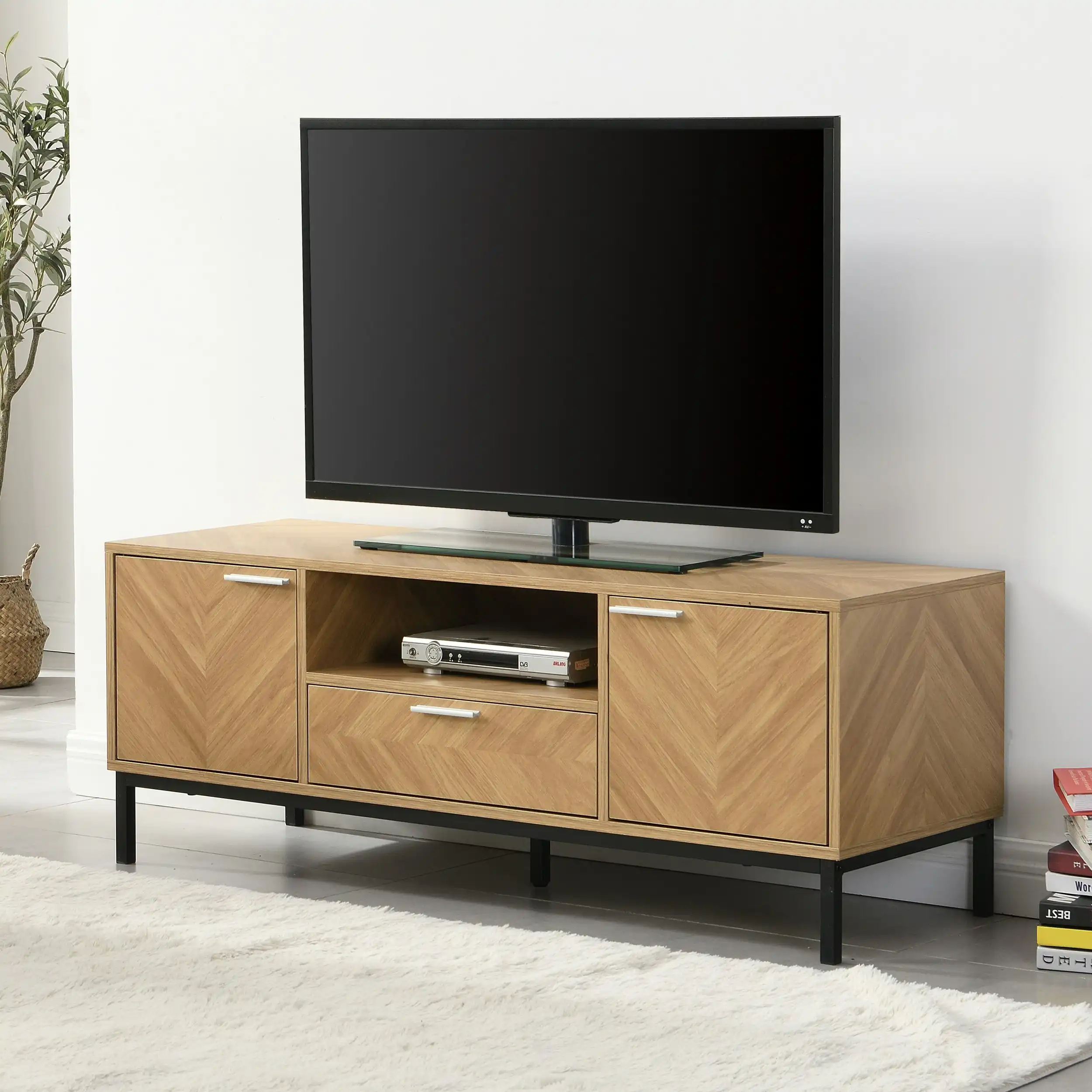 IHOMDEC Entertainment Unit TV Cabinet TV Stand Storage with Open Shelf and Two Cabinets Oak