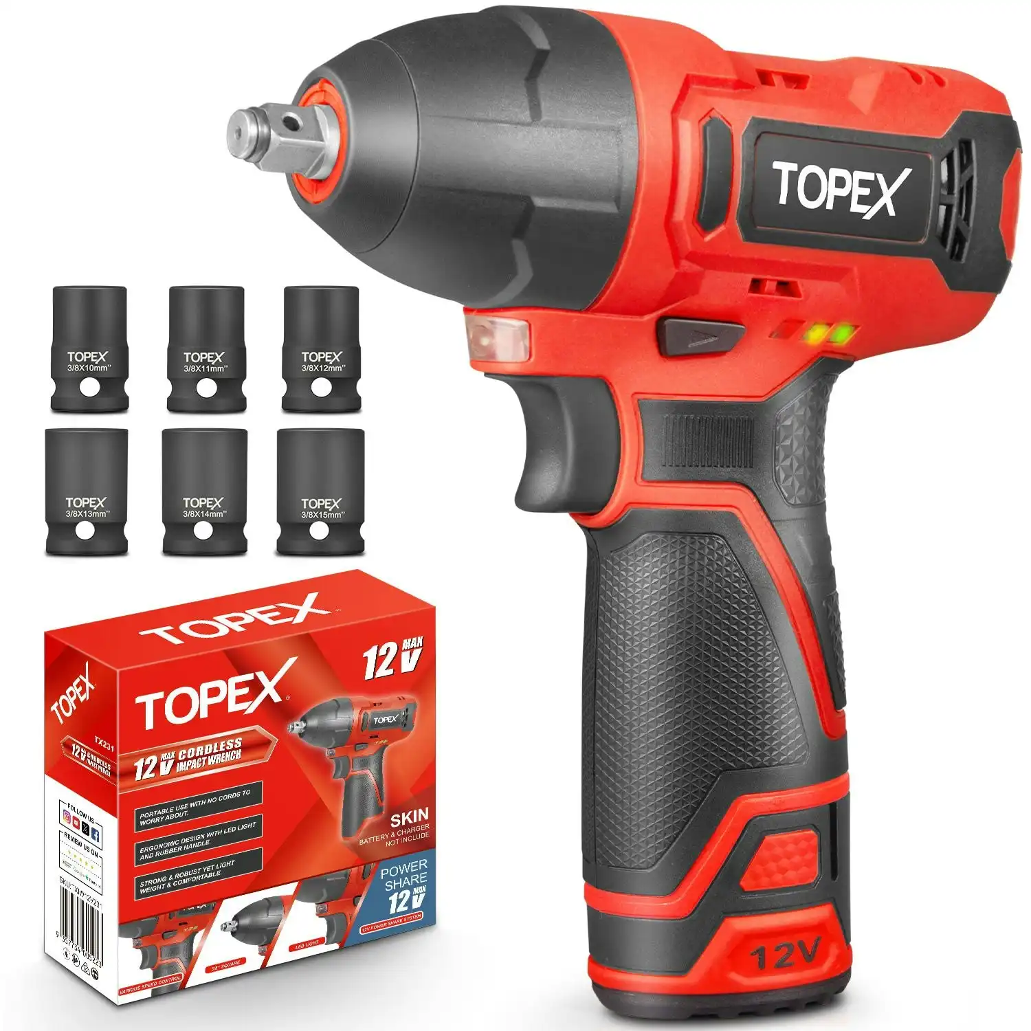 Topex 12V Cordless Impact Wrench with 3/8-Inch Chuck, Torque Max 120 N.m, 6 Sockets