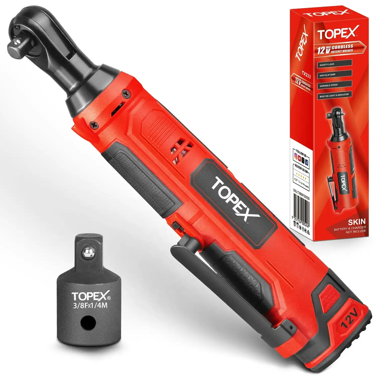 Topex 3/8" 12V Cordless Electric Ratchet Wrench 45NM/33.2ft-lbs 300RPM Variable Speed & LED Light