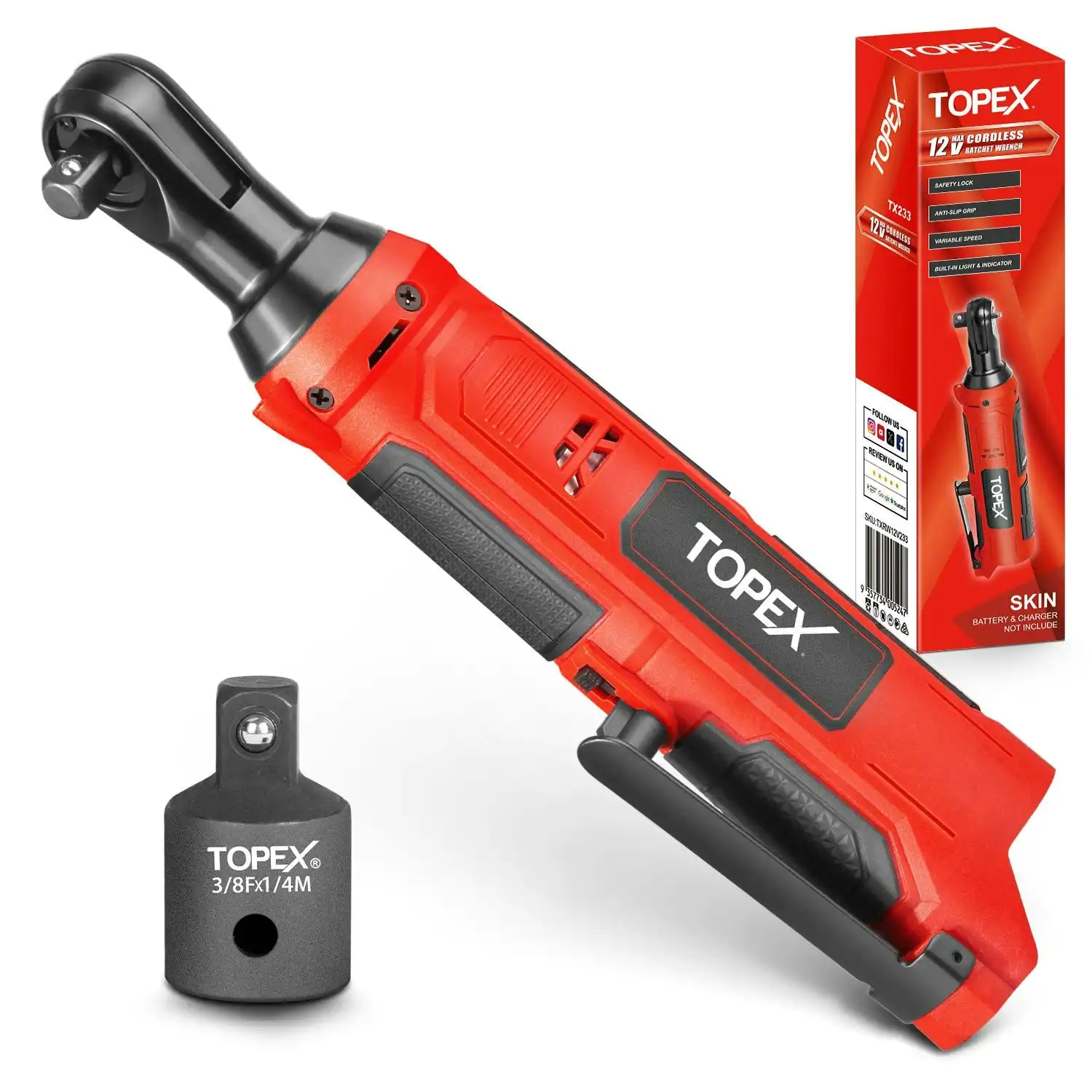 Topex 3/8" 12V Cordless Electric Ratchet Wrench 45NM 300RPM Variable Speed & LED Light Skin Only without Battery