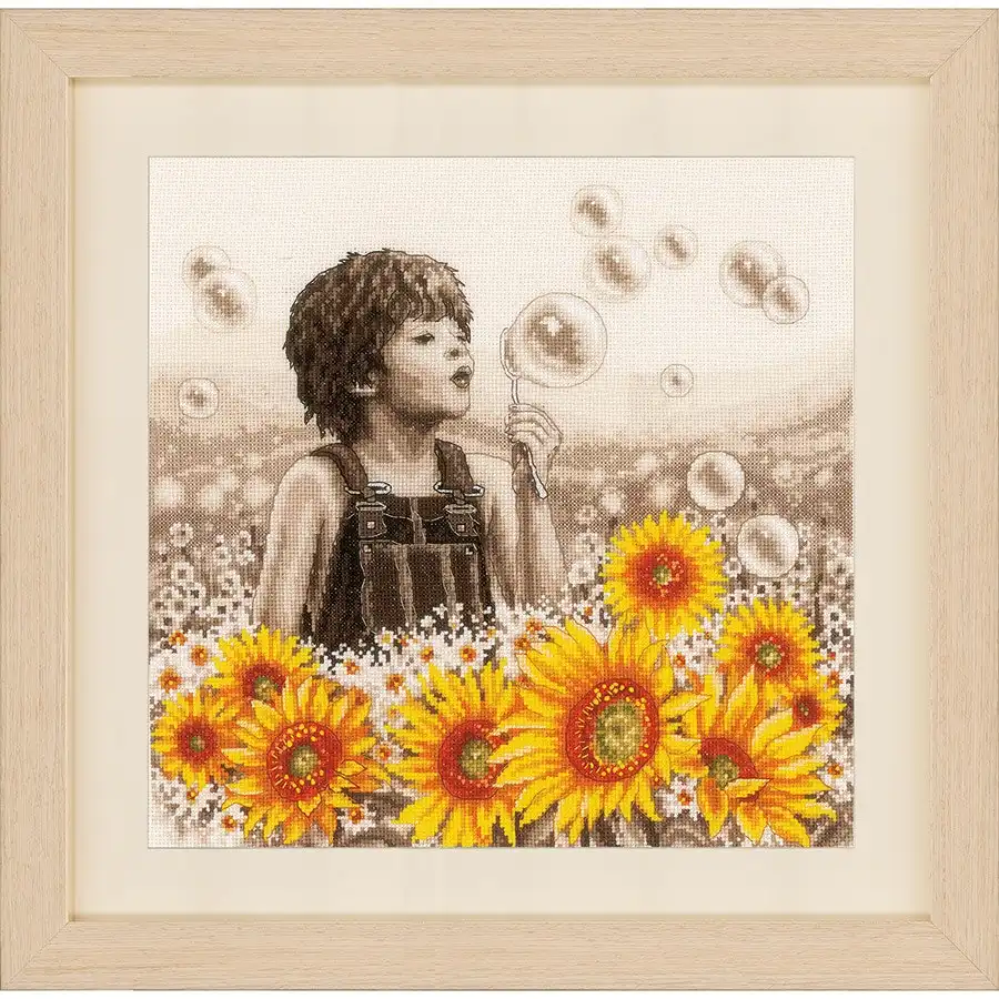 Boy with Sunflowers Cross Stitch- Needlework