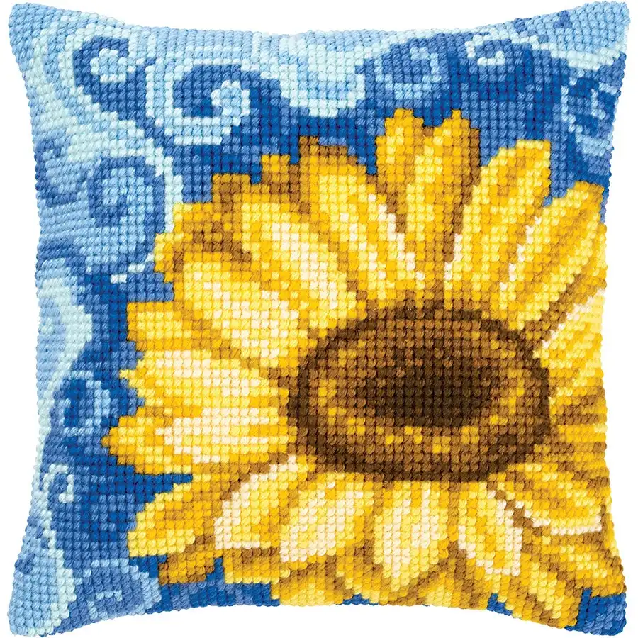Sunflower on Blue Needlepoint Cushion- Needlework