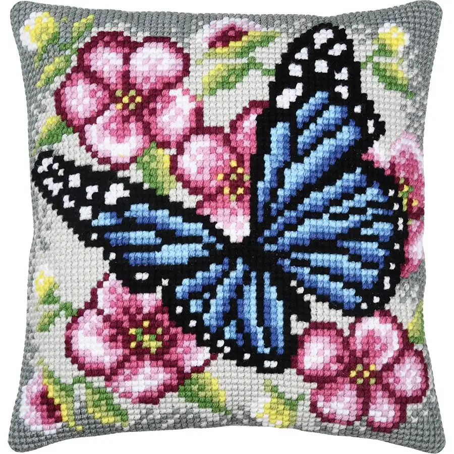 Butterfly & Flowers Needlepoint Cushion- Needlework