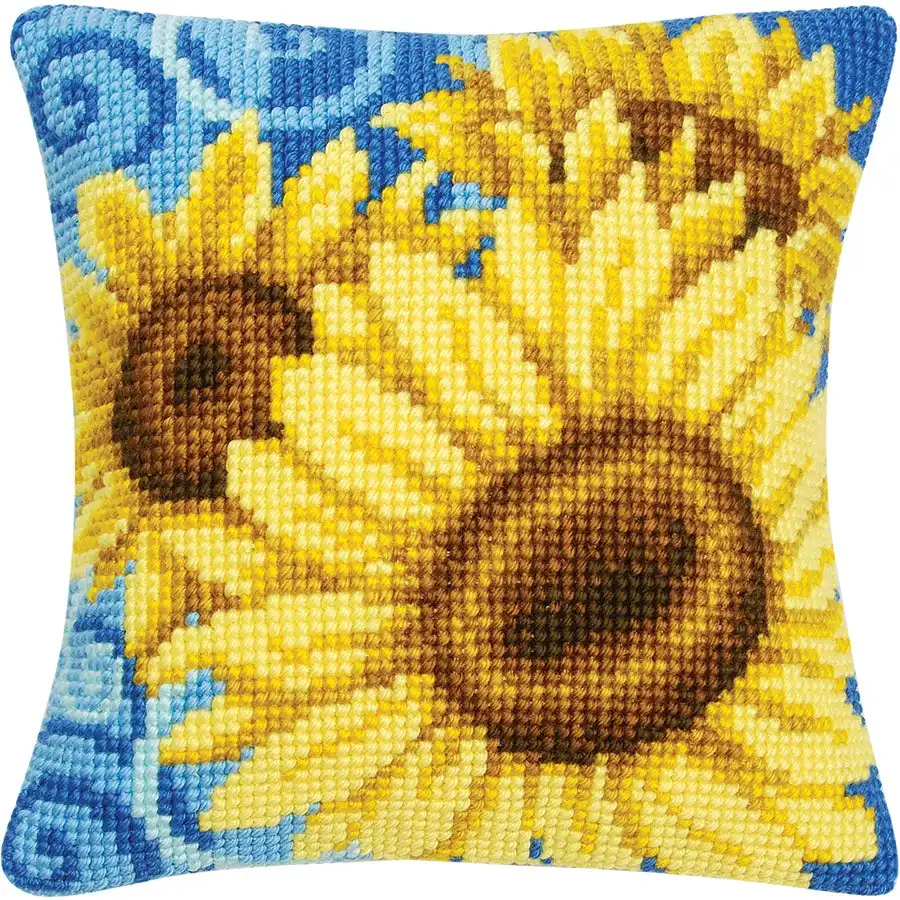Sunflowers on Blue Needlepoint Cushion- Needlework
