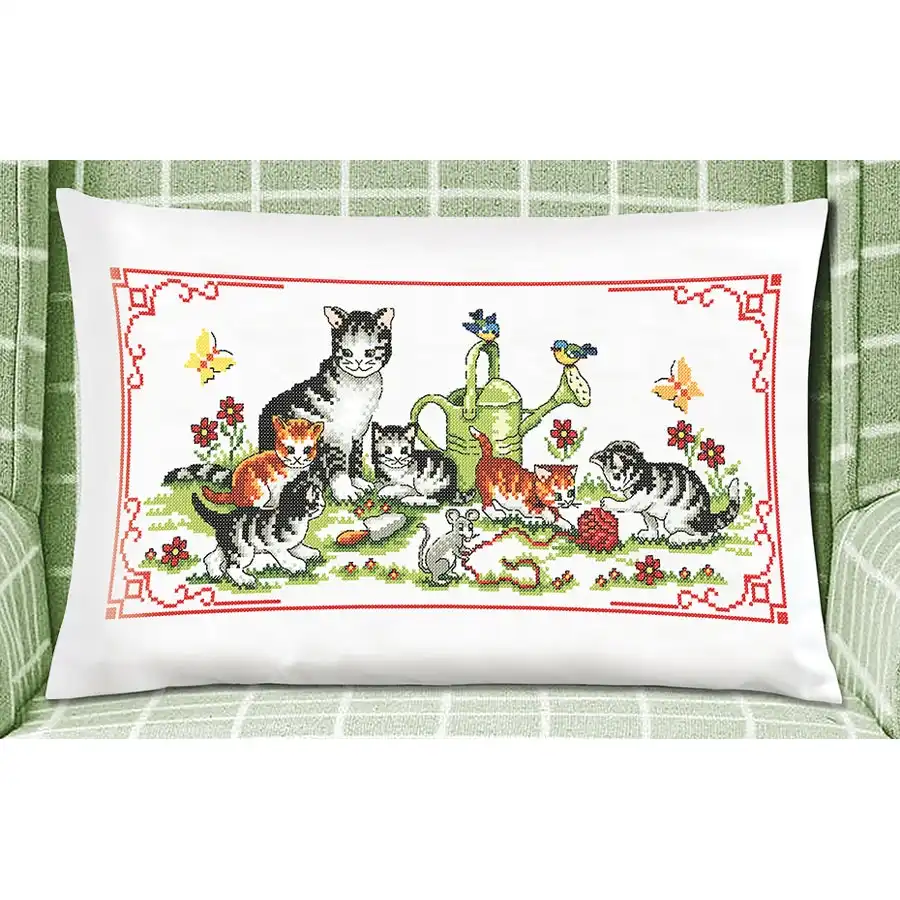 Cats & Mouse Pillow Cover Cross Stitch- Needlework