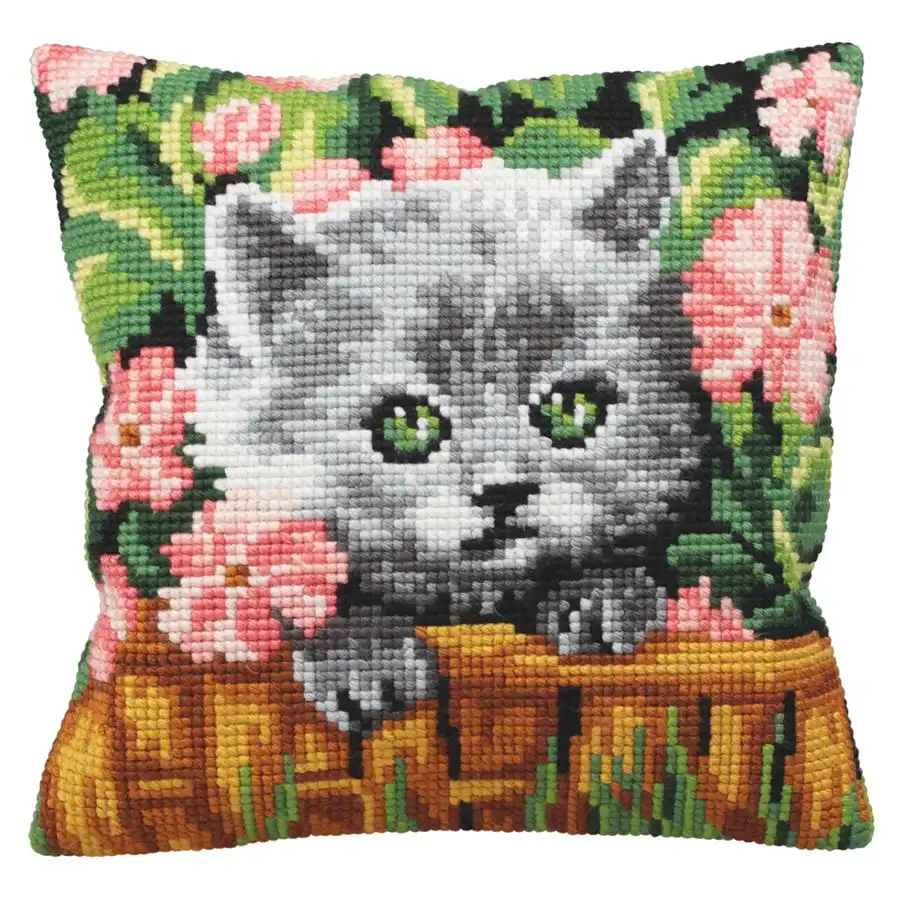 Kitten & Flowers Needlepoint Cushion- Needlework