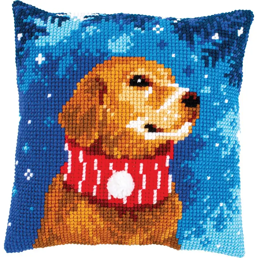 Puppy in Snow Needlepoint Cushion- Needlework
