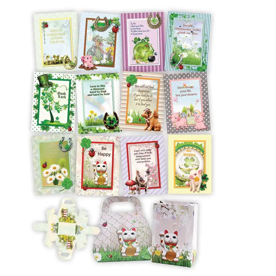 Lucky Charms Be Happy 12 cards 6 Gift Bags 6 Handbags- Paper Crafts