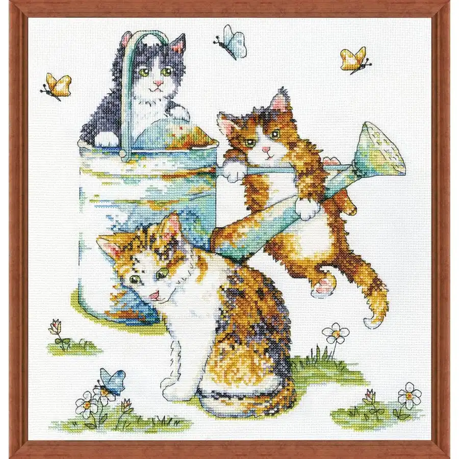 Watering Can Cats Cross Stitch- Needlework