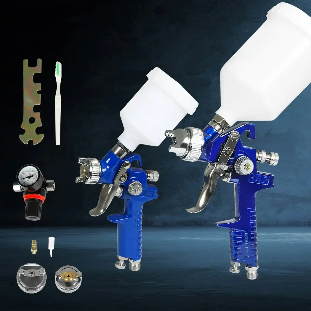 Traderight 2PC HVLP Air Spray Gun Kit Regulator Pressure Paint Gravity 0.8 1.4mm