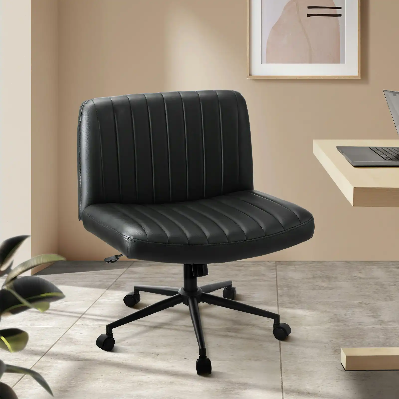 Oikiture Mid Back Armless Office Desk Chair Wide Seat with Wheels Leather Black