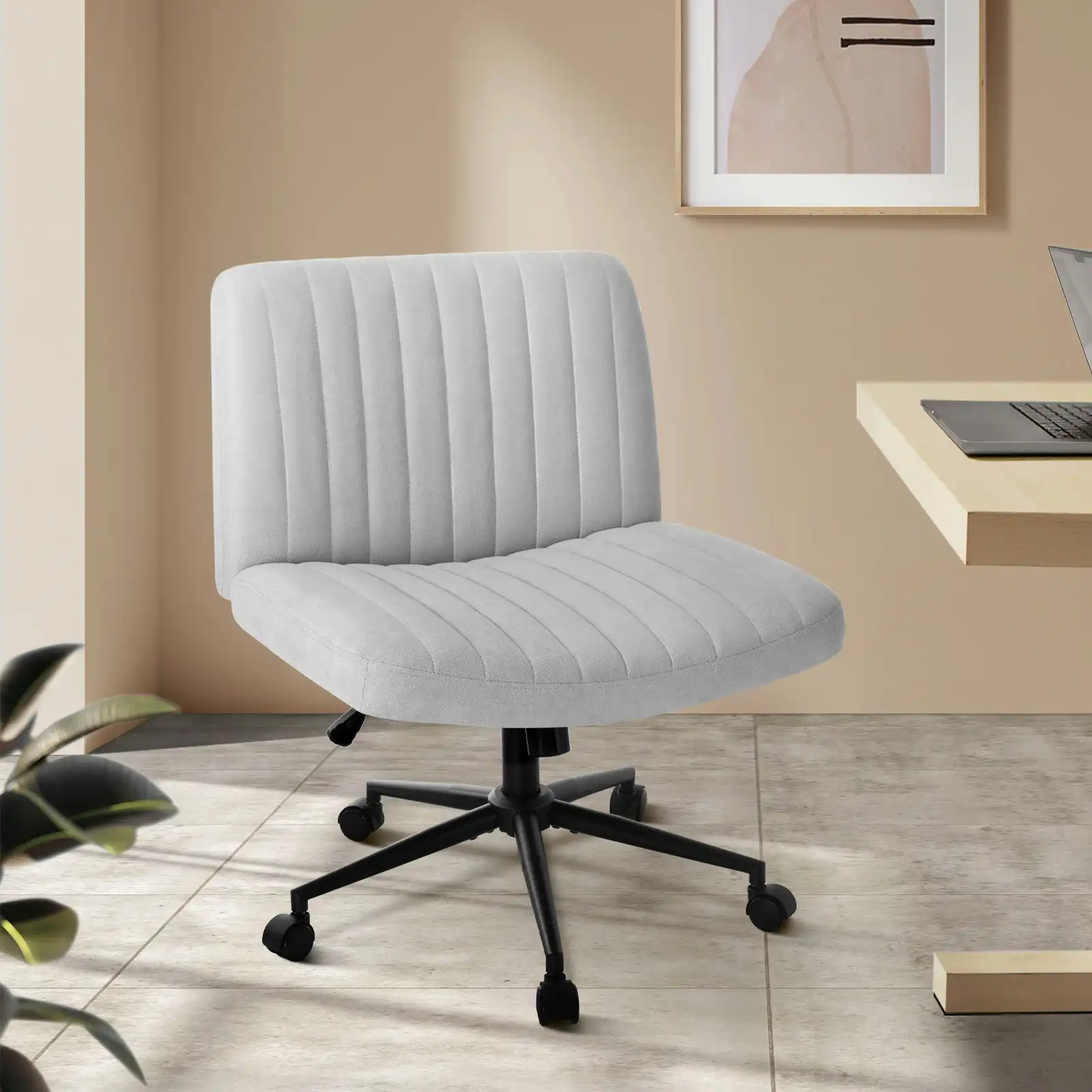 Oikiture Mid Back Armless Office Desk Chair Wide Seat with Wheels Linen Grey