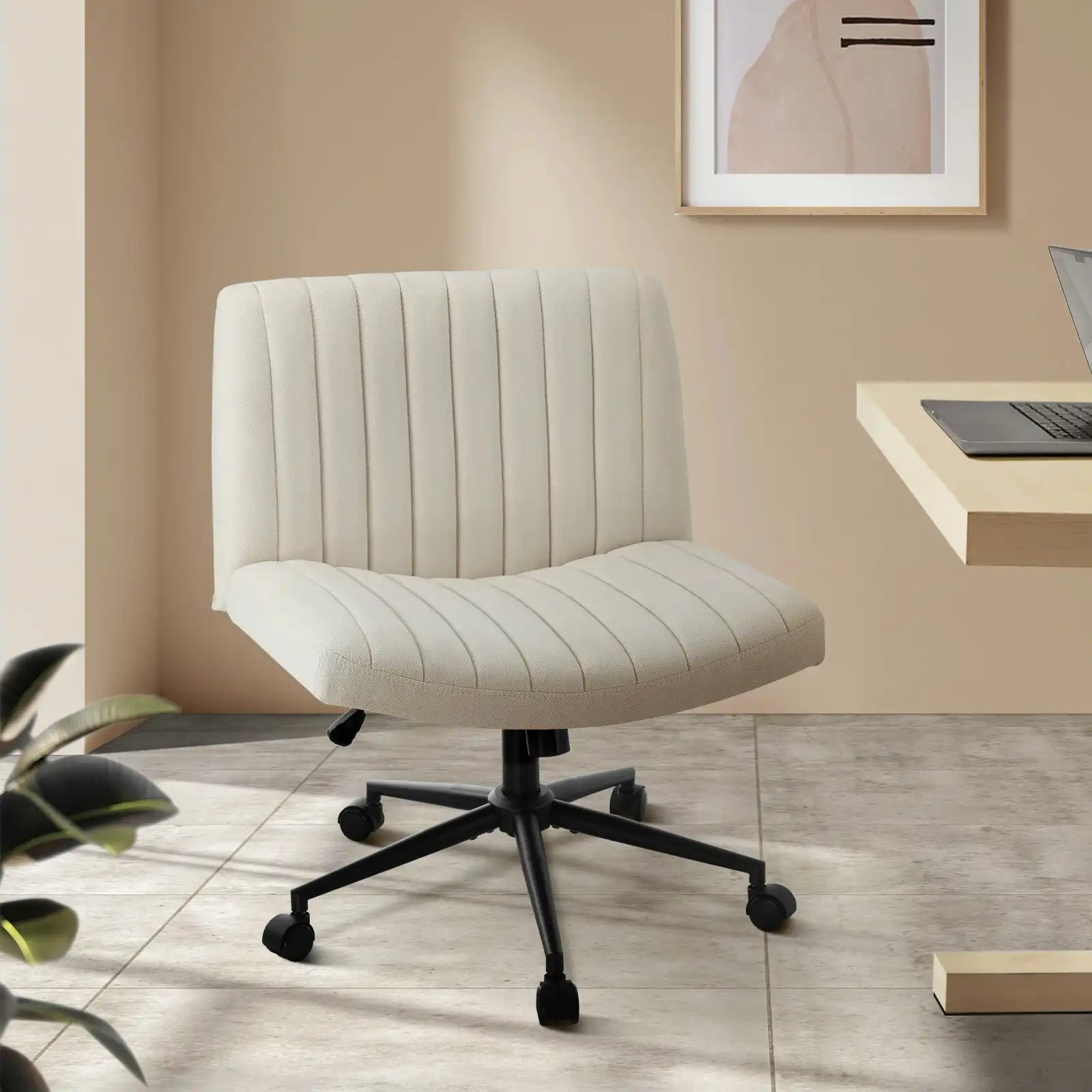 Oikiture Mid Back Armless Office Desk Chair Wide Seat with Wheels Linen Beige