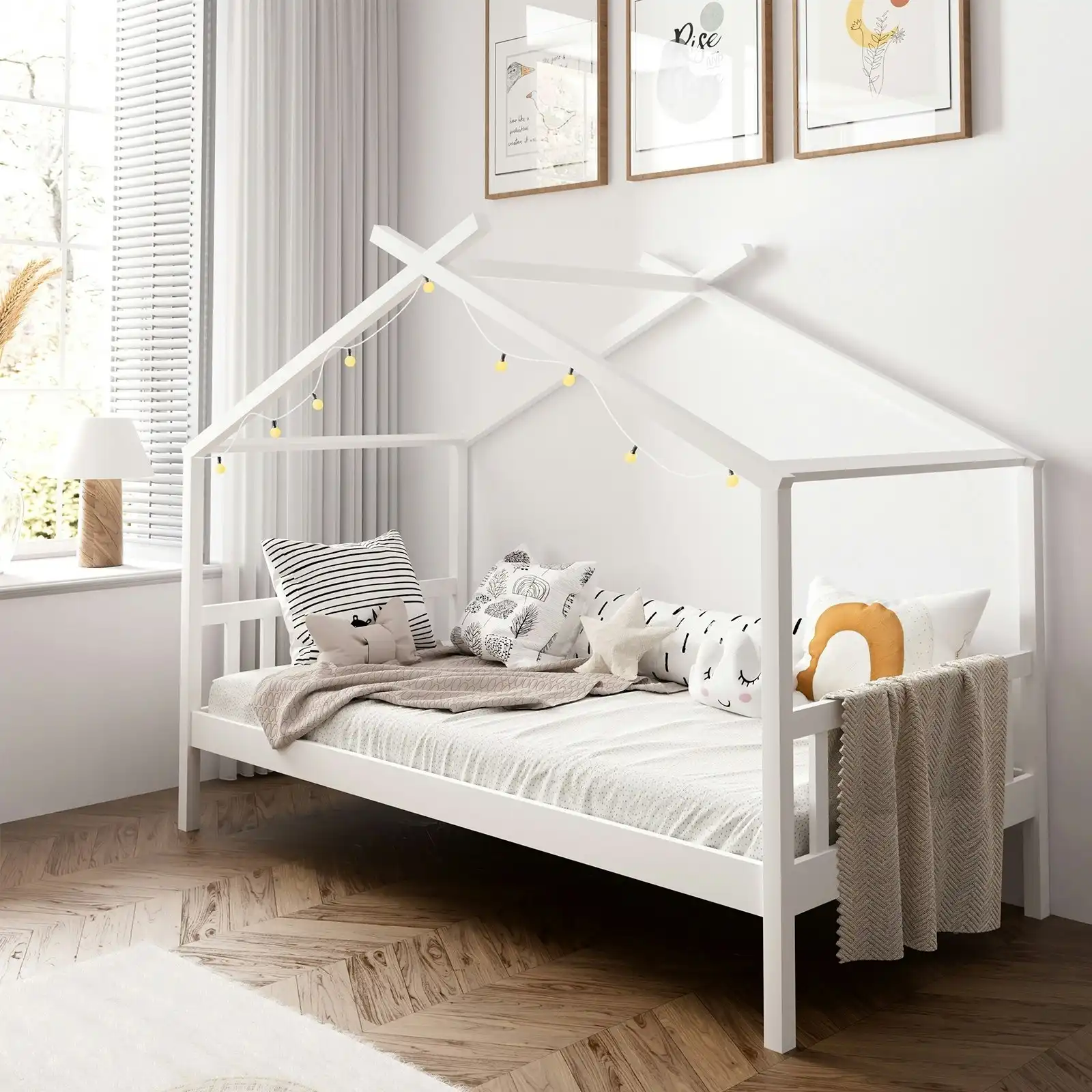 Oikiture Kids Bed Frame Single Wooden House Frame Beds Platform White