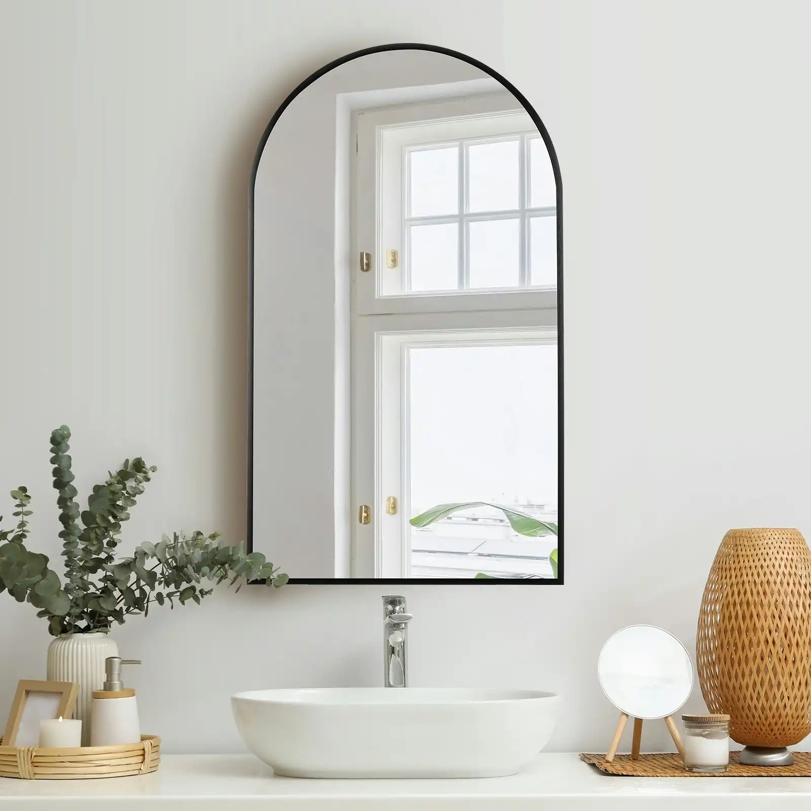 Oikiture Wall Mirrors 86x50cm Arched Makeup Mirror Home Decor Black