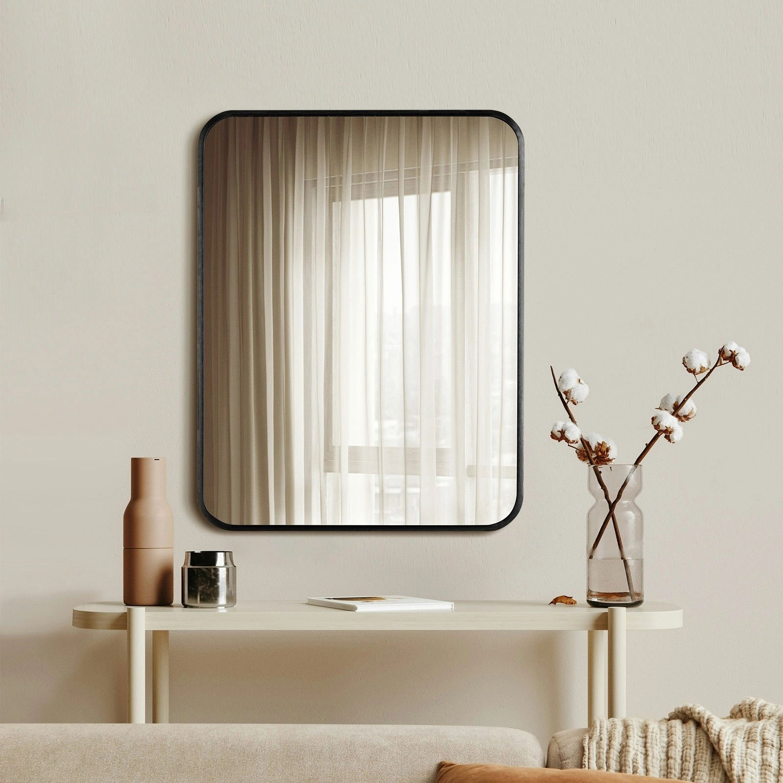 Oikiture Wall Mirrors Rectangle Makeup Mirror Metal Frame 65x50cm Black