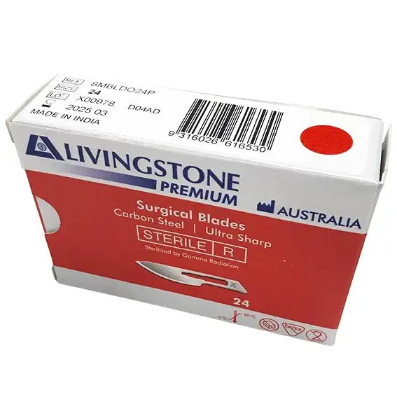 Livingstone Premium Surgical Scalpel Blade Carbon Steel Size 24 Sterile 100 Box
