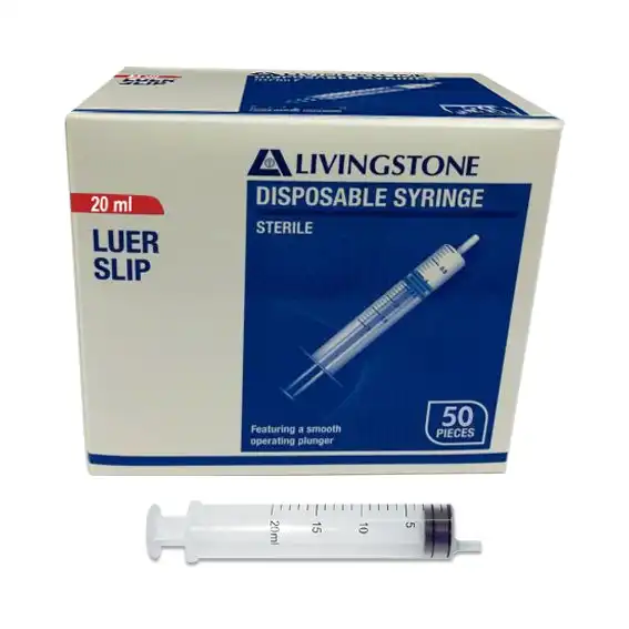 Livingstone Syringe, 20ml, Luer Slip Tip, Eccentric Off Centre Nozzle, Latex Free, Hypoallergenic, Sterile, 50/Box x19