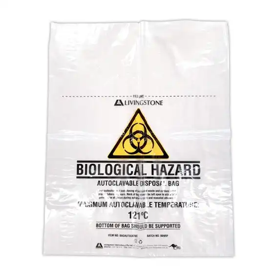 Livingstone Biohazard Autoclavable Waste Bag, 55 x 70cm, 36 Litres, 50 Microns, Heat Resistant Polypropylene, Clear, 250/Carton x3