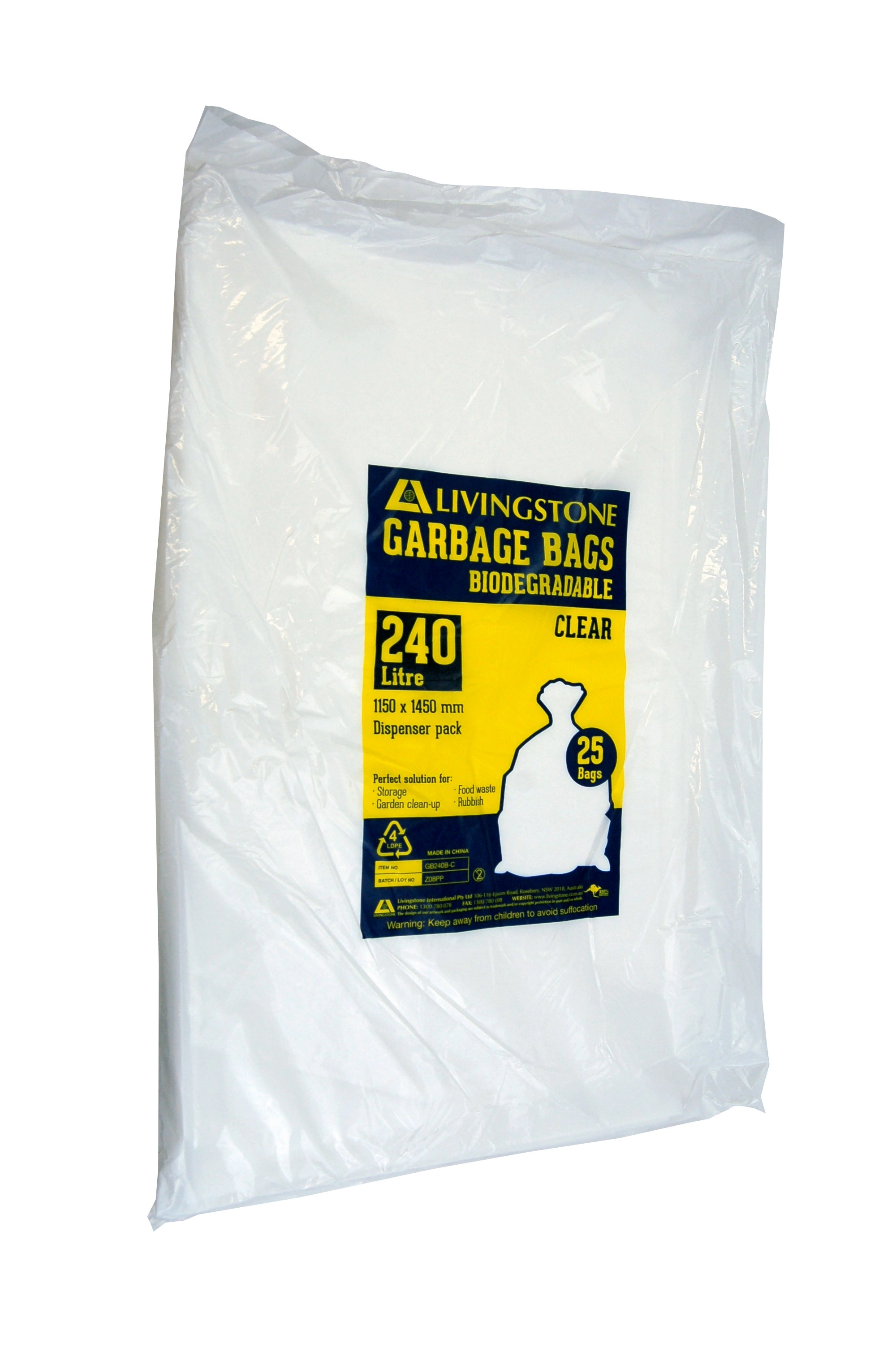 Livingstone Garbage Bag Bin Liner HDPE Star Seal Clear 240L 115 x 145cm 20um 200 Carton