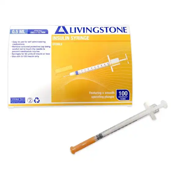 Livingstone Insulin Syringes 0.5ml with White Plunger with Needle 29 Gauge x 0.5 Inch 12.7mm Sterile 100 Box