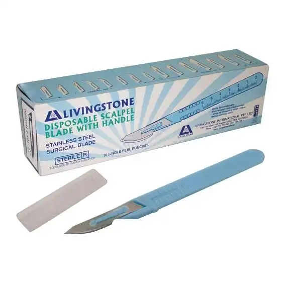 Livingstone Disposable Scalpel Stainless Steel Blade Size 22 Attached to Handle Sterile 10 Box