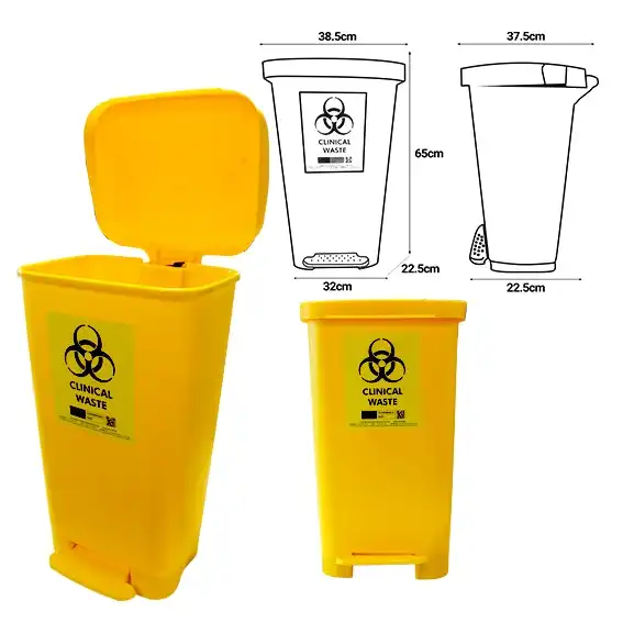 Livingstone Polypropylene Clinical Waste Bin with Foot Pedal 50L Capacity 38.5 x 37 x 65cm Square Yellow
