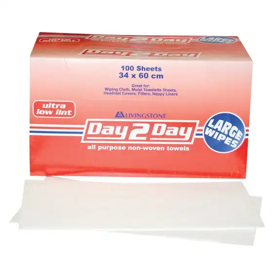 Day 2 Day All Purpose Towel, Ultra Low Lint, Large, 34 x 60cm, 70pct Viscose, White, 100/Box