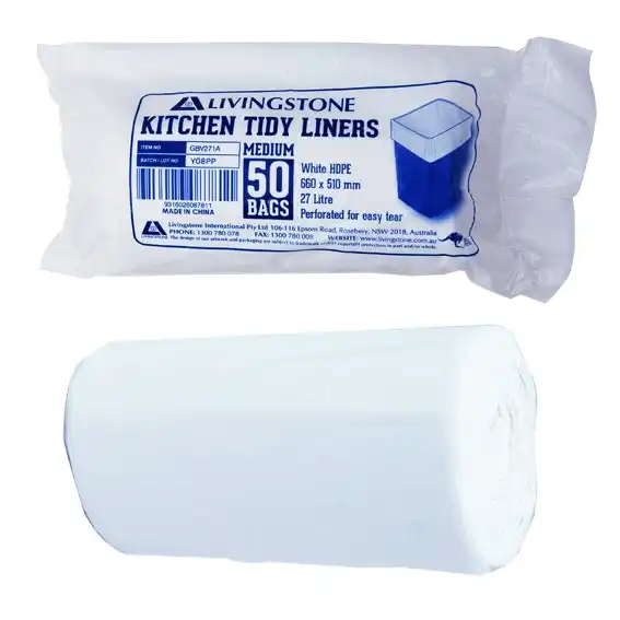 Livingstone Garbage Bag Bin Liner HDPE White 27L 51 x 66cm 20 Microns 50 Roll
