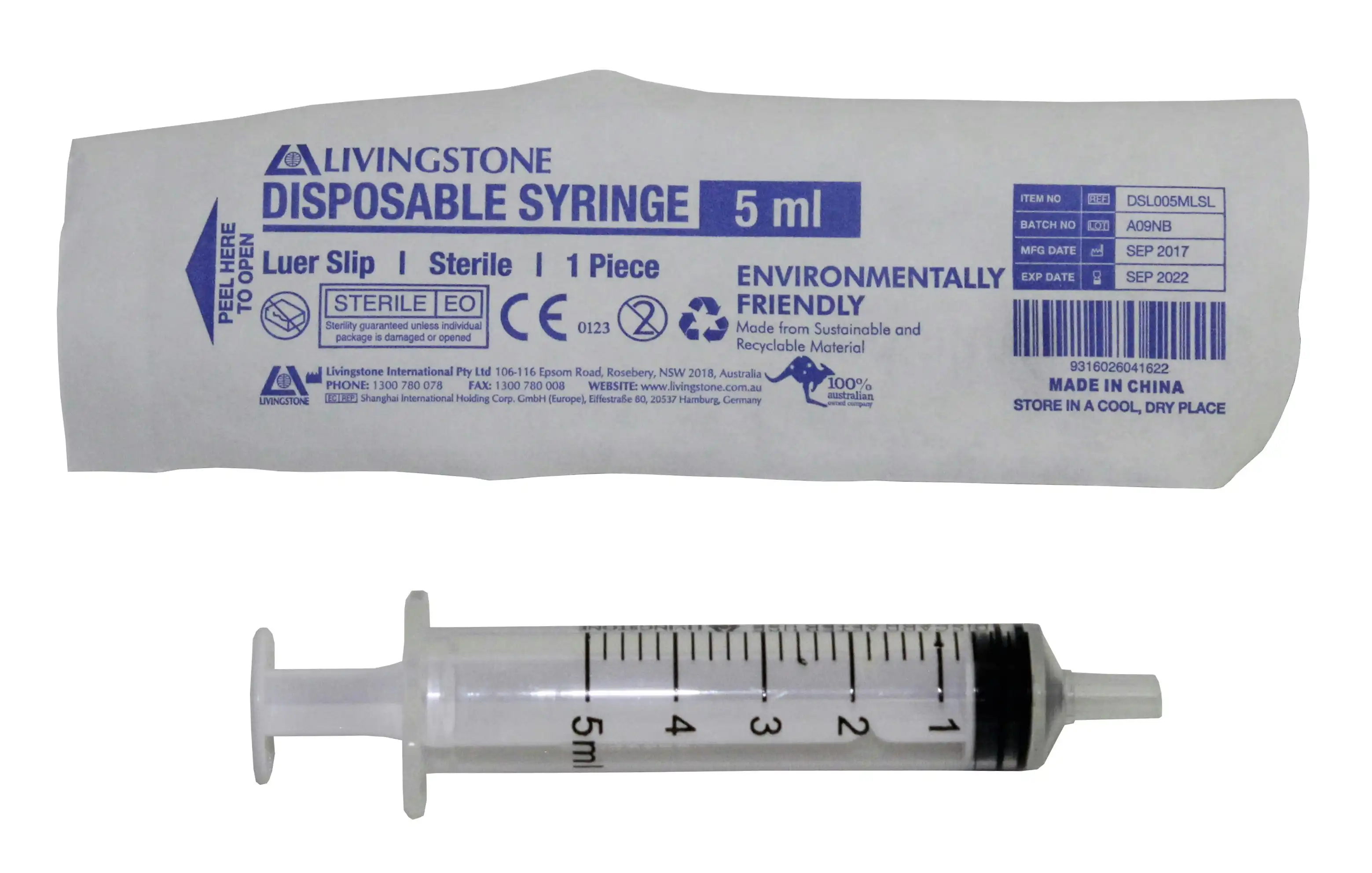 Livingstone Syringe 5ml Luer Slip Tip White Plunger Sterile 100 Box