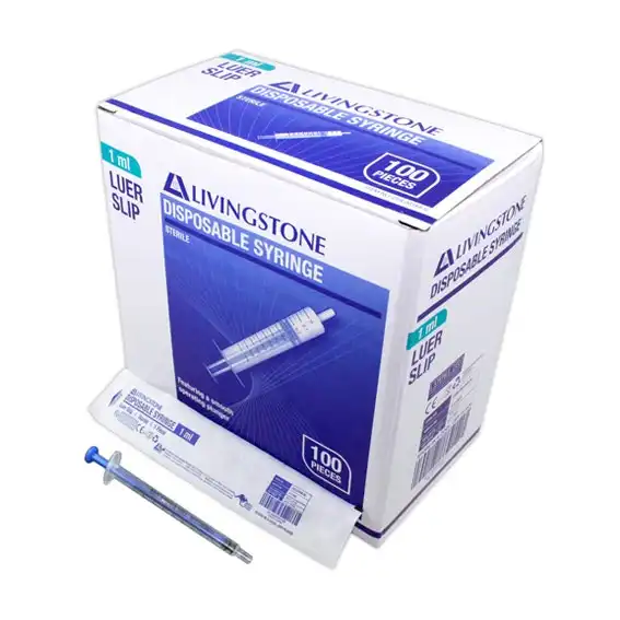 Livingstone Syringe, 1ml, Luer Slip Tip, Tuberculin, Blue Plunger, Latex Free, Hypoallergenic, Sterile, 100/Box x36
