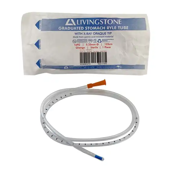 Livingstone Graduated Stomach Duodenal Ryles Tube with X-Ray Opaque Tip 16FG 5.33mm 122cm Sterile Orange