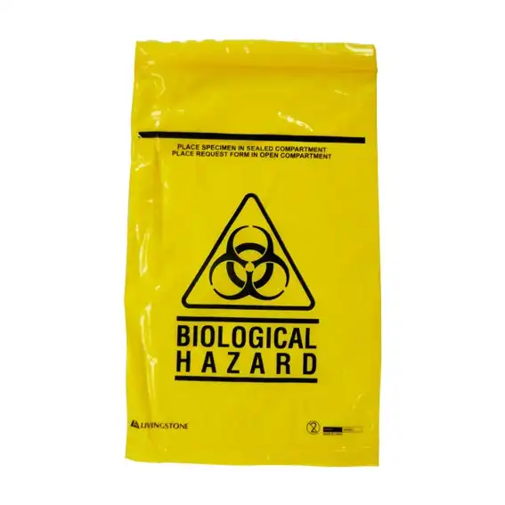 Livingstone Biohazard Specimen Bag, 16 x 24.5cm, 3-Ply, 2 Compt, Zip Compt, 2-Ply, 45um, Pouch Compt, 1-Ply, 32um, Yellow Tint, 100pcs per pack