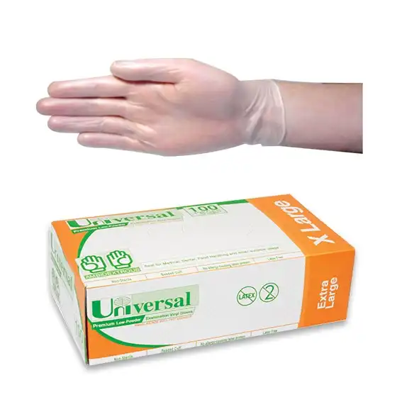 Universal Vinyl Low Powder Gloves 7.0g Extra Large Clear 100 Box x10