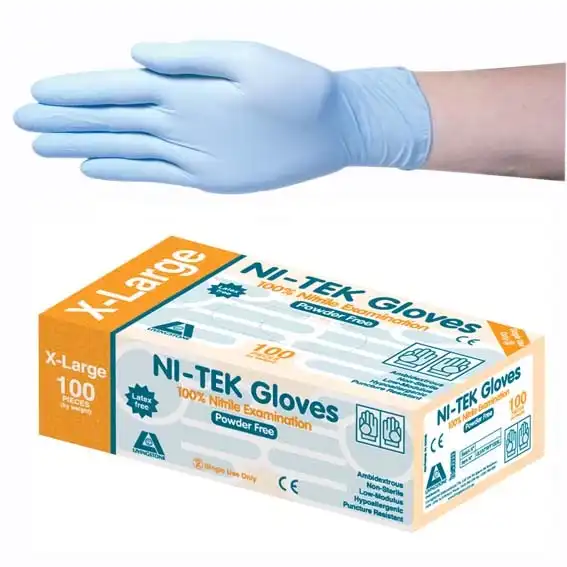 Ni-Tek Nitrile Premium Examination Gloves, AS NZ Standard, Powder Free, Extra Large, Blue, HACCP Grade, 100/Box