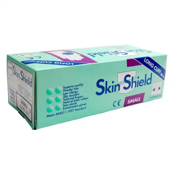 Skin Shield Biodegradable Latex Examination Gloves, AS NZ Standard, Powder Free, Long Cuff, 30cm, Small, Cream, 100/Box, 1000/Carton