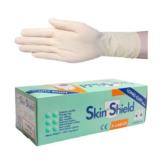 Skin Shield Latex Examination Gloves, Powder Free, Long Cuff, 30cm, Extra Large, Cream Colour, 100/Box, 1000/Carton