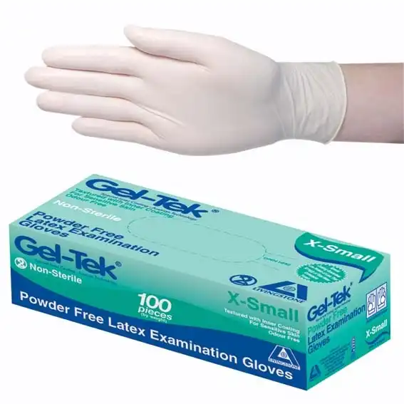 Gel-Tek Latex Examination Gloves, Powder Free, AS/NZ, Biodegradable, Polymer Coated, Textured, X-Small, Cream, 100/Box