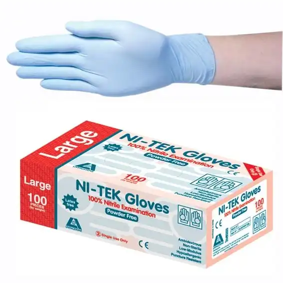 Ni-Tek Nitrile Premium Examination Gloves, AS NZ Standard, Powder Free, EN374, Large, Blue, HACCP Grade, 100/Box