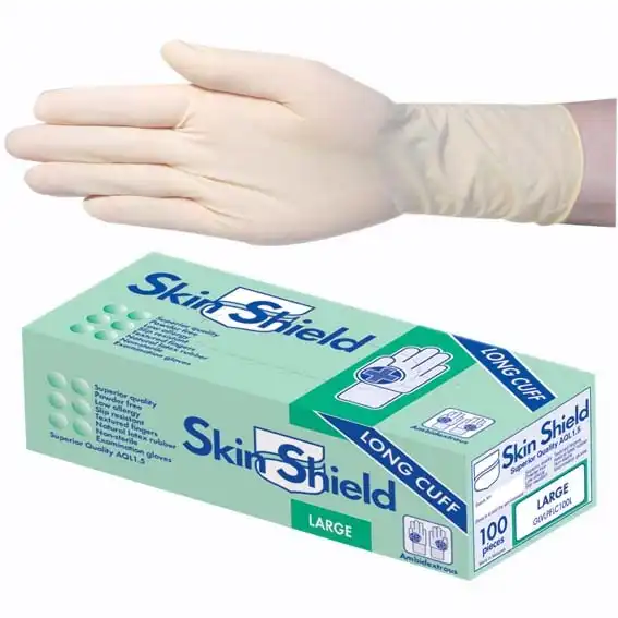 Skin Shield Biodegradable Latex Examination Gloves, AS NZ Standard, Powder Free, Long Cuff, 30cm, Medium, Cream, 100/Box, 1000/Carton